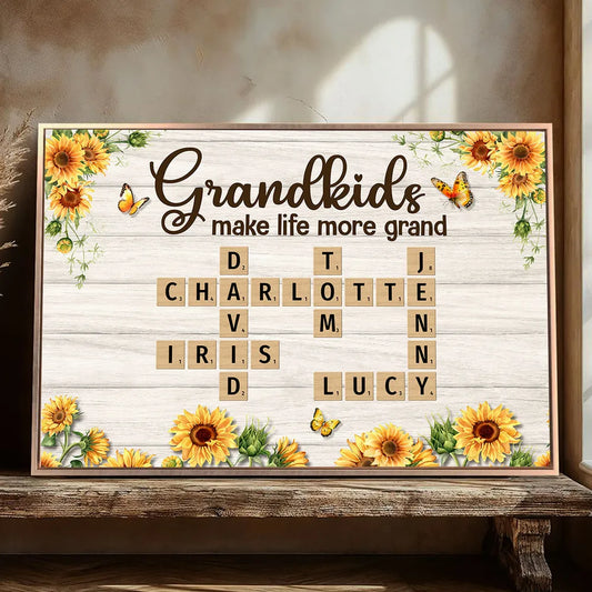 Grandkids Make Life More Grand Crossword Puzzle Sunflower Personalized Poster, Gift For Grandma