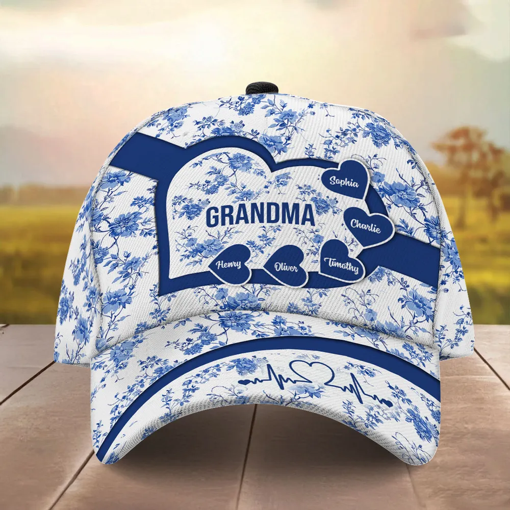 Grandma Mom Blue Heart Floral Chinoiserie Patterned Personalized Cap, Mother's Day gift for Mom, Grandma