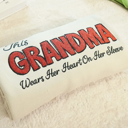 Personalized 'This Grandma Wears Her Heart On Her Sleeve' Sweatshirt with Side Bow, Heartfelt Gift for Mom & Grandma