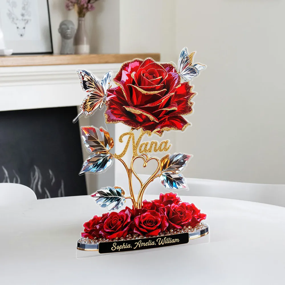 Beautiful Rose For Grandma Mom With Kids Names - 3D Effect Personalized Flat Acrylic Block Plaque