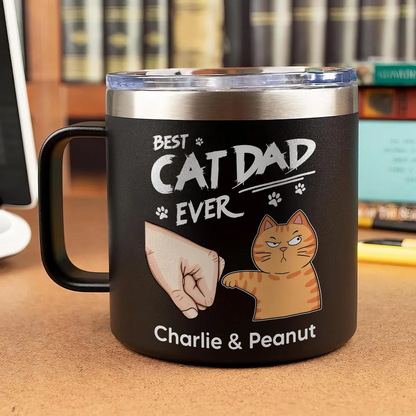 Best Cat Dad Ever Fist Bump Personalized Stainless Steel Tumbler With Handle, Funny 2025 Father's Day Gift For Cat Dad