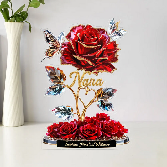 Beautiful Rose For Grandma Mom With Kids Names - 3D Effect Personalized Flat Acrylic Block Plaque
