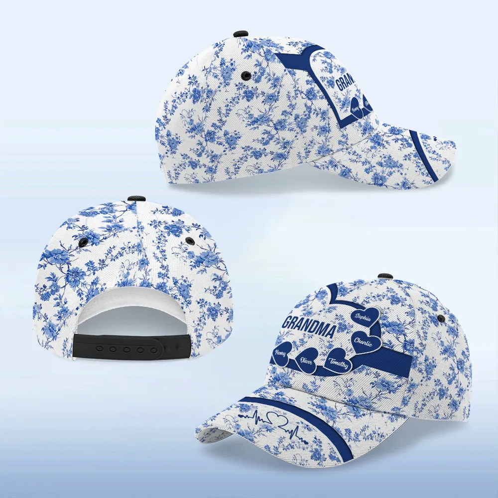 Grandma Mom Blue Heart Floral Chinoiserie Patterned Personalized Cap, Mother's Day gift for Mom, Grandma