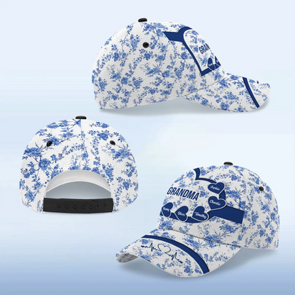 Grandma Mom Blue Heart Floral Chinoiserie Patterned Personalized Cap, Mother's Day gift for Mom, Grandma