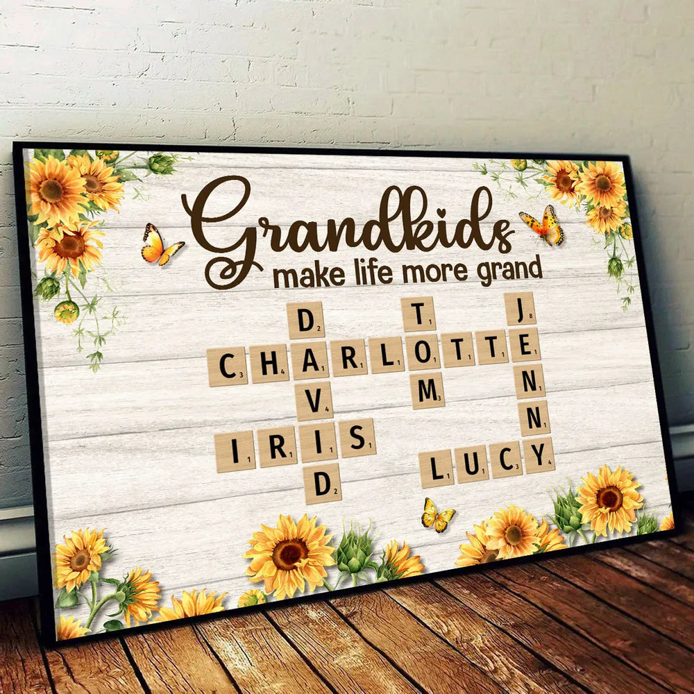 Grandkids Make Life More Grand Crossword Puzzle Sunflower Personalized Poster, Gift For Grandma