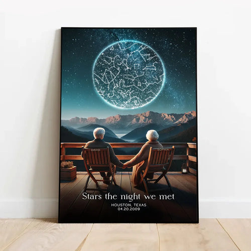 Custom Star Map Personalized Poster, Romantic Old Couple Sitting on the Beach