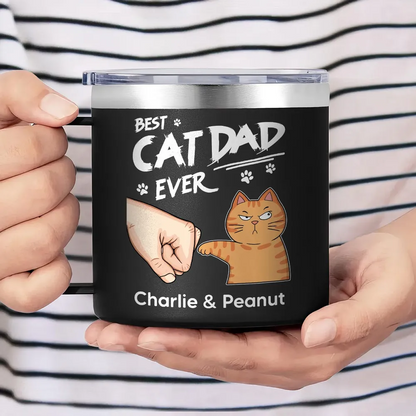 Best Cat Dad Ever Fist Bump Personalized Stainless Steel Tumbler With Handle, Funny 2025 Father's Day Gift For Cat Dad