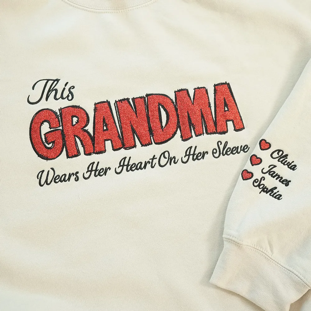 Personalized 'This Grandma Wears Her Heart On Her Sleeve' Sweatshirt with Side Bow, Heartfelt Gift for Mom & Grandma