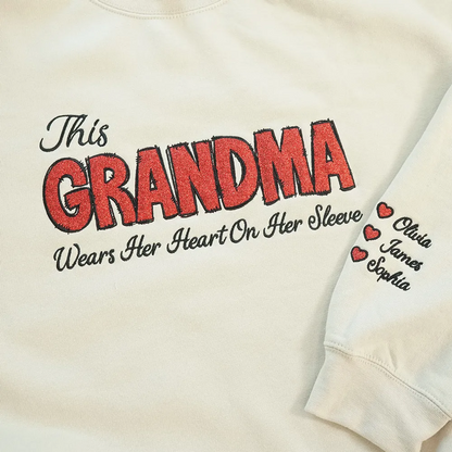 Personalized 'This Grandma Wears Her Heart On Her Sleeve' Sweatshirt with Side Bow, Heartfelt Gift for Mom & Grandma