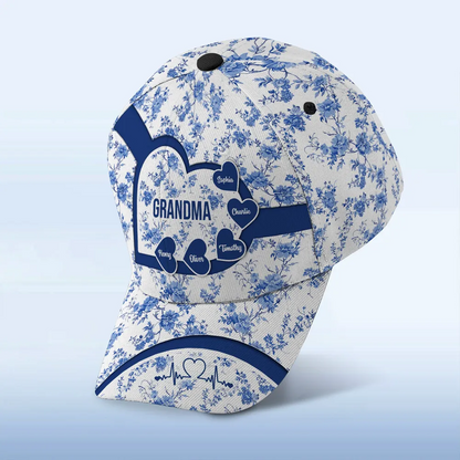 Grandma Mom Blue Heart Floral Chinoiserie Patterned Personalized Cap, Mother's Day gift for Mom, Grandma