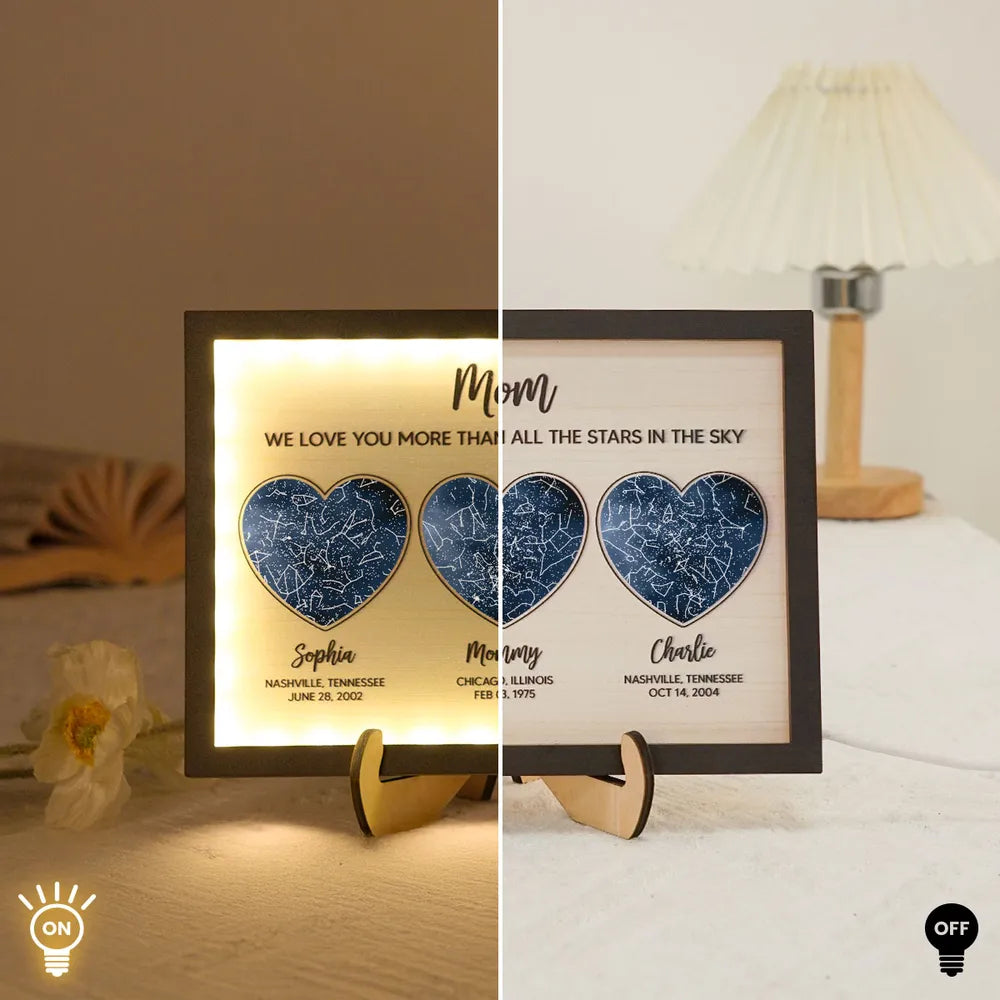 Mom We Love You More than All the Stars in the Ky, Custom Star Map by Location & Date, Personalized 2-Layered Wooden Plaque with LED, Gift for Mom from Daughter, Son, Heartfelt Mother's Day Gift