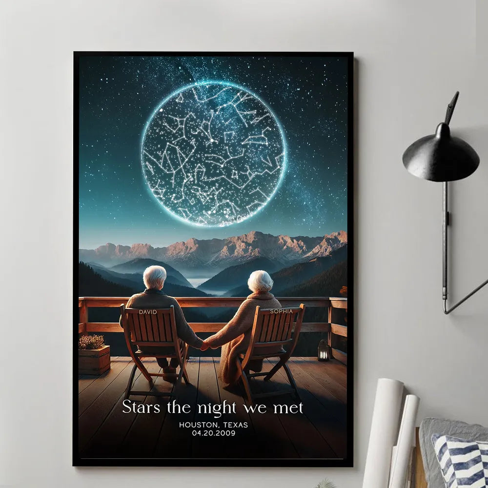Custom Star Map Personalized Poster, Romantic Old Couple Sitting on the Beach