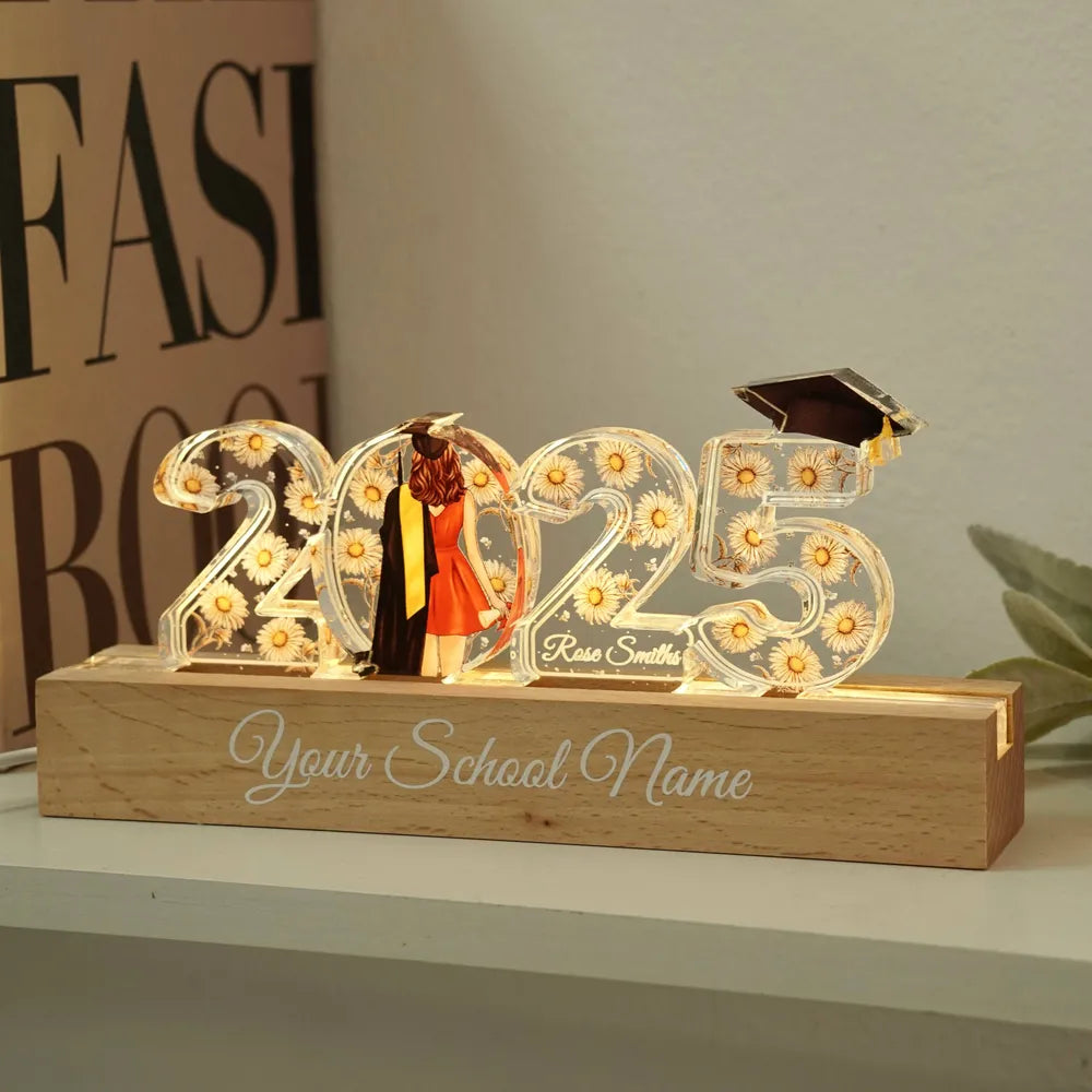 2025 Graduation Senior Birth Month Flowers Personalized Custom Shape Acrylic Block LED Night Light, Graduation Gift