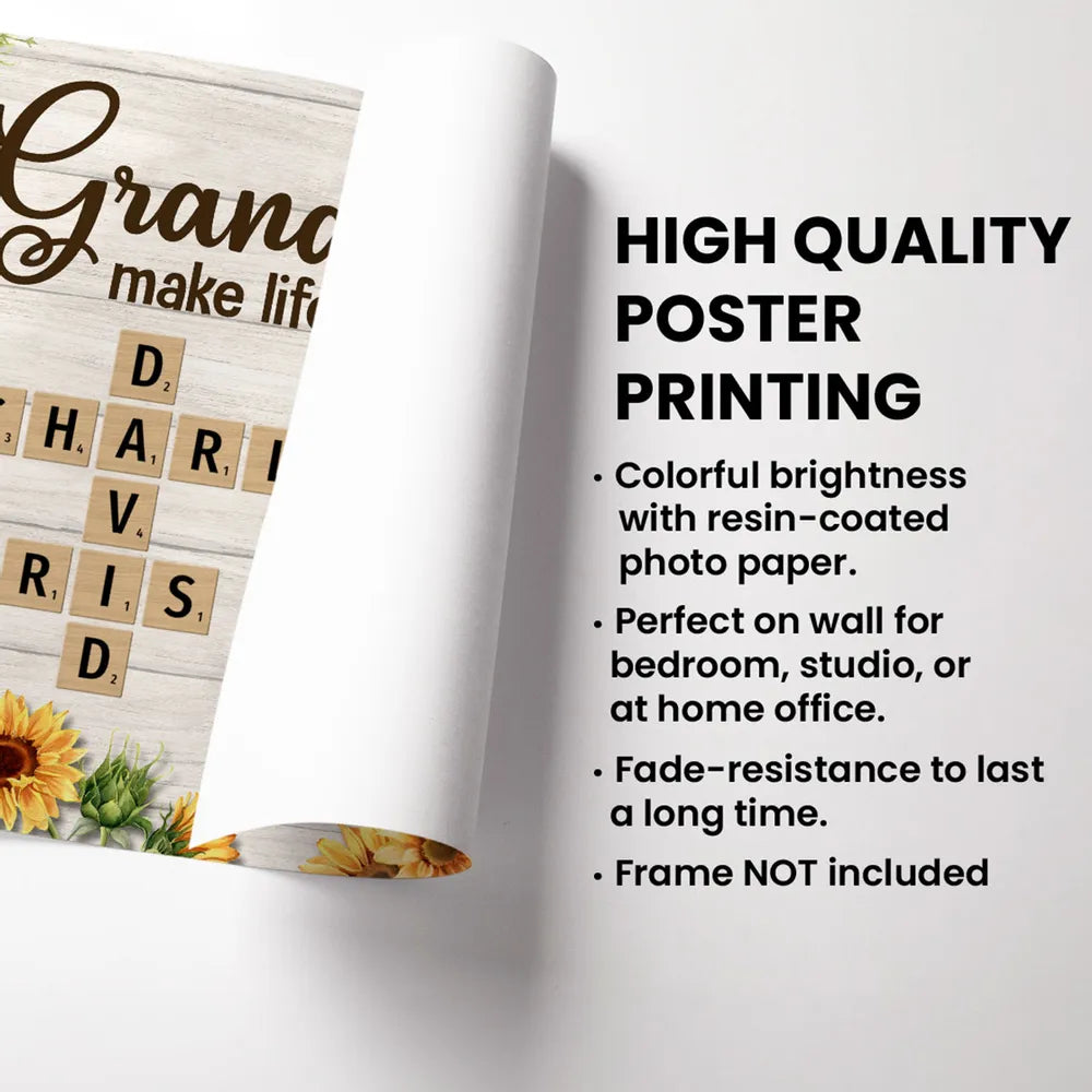 Grandkids Make Life More Grand Crossword Puzzle Sunflower Personalized Poster, Gift For Grandma
