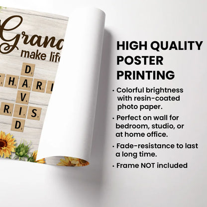 Grandkids Make Life More Grand Crossword Puzzle Sunflower Personalized Poster, Gift For Grandma