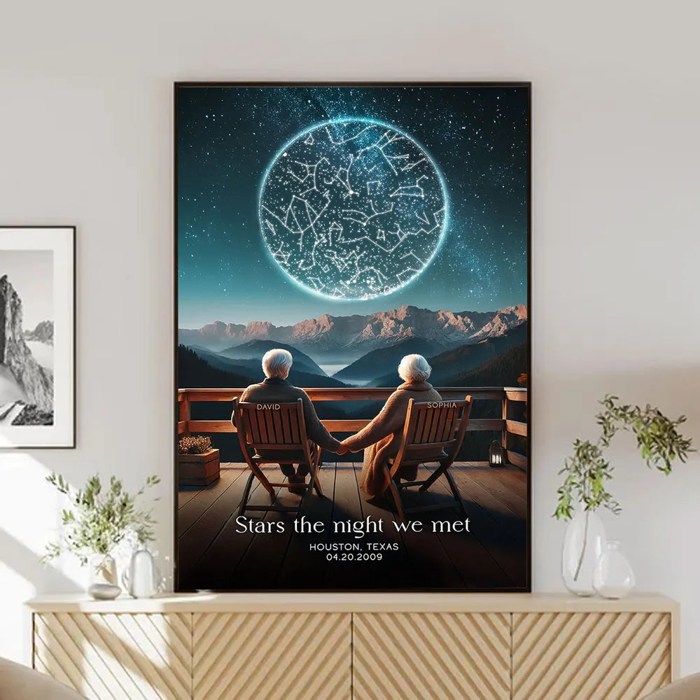 Custom Star Map Personalized Poster, Romantic Old Couple Sitting on the Beach