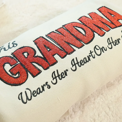 Personalized 'This Grandma Wears Her Heart On Her Sleeve' Sweatshirt with Side Bow, Heartfelt Gift for Mom & Grandma