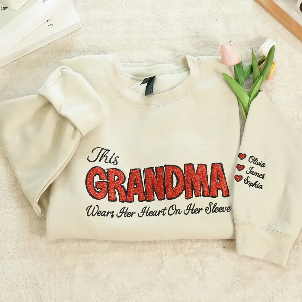 Personalized 'This Grandma Wears Her Heart On Her Sleeve' Sweatshirt with Side Bow, Heartfelt Gift for Mom & Grandma