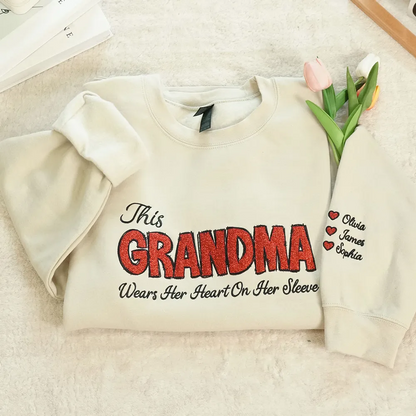 Personalized 'This Grandma Wears Her Heart On Her Sleeve' Sweatshirt with Side Bow, Heartfelt Gift for Mom & Grandma