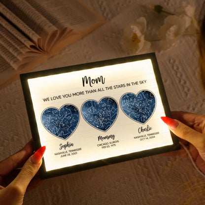 Mom We Love You More than All the Stars in the Ky, Custom Star Map by Location & Date, Personalized 2-Layered Wooden Plaque with LED, Gift for Mom from Daughter, Son, Heartfelt Mother's Day Gift