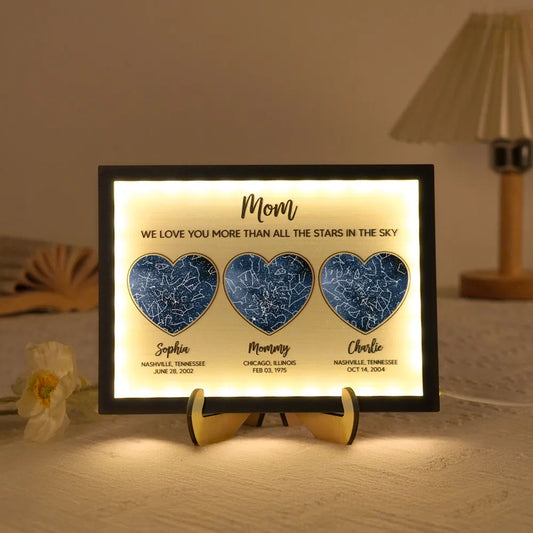 Mom We Love You More than All the Stars in the Ky, Custom Star Map by Location & Date, Personalized 2-Layered Wooden Plaque with LED, Gift for Mom from Daughter, Son, Heartfelt Mother's Day Gift