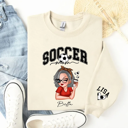 Soccer Mom Kids Name On Sleeve Personalized Sweatshirt, Perfect Gift For Soccer Mom