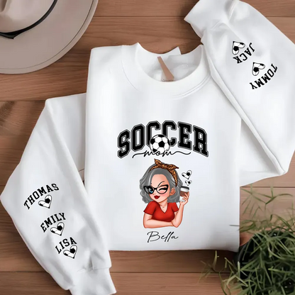 Soccer Mom Kids Name On Sleeve Personalized Sweatshirt, Perfect Gift For Soccer Mom