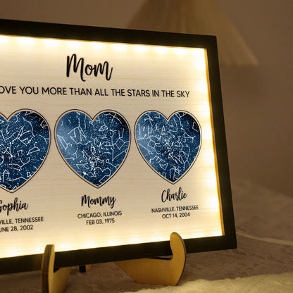 Mom We Love You More than All the Stars in the Ky, Custom Star Map by Location & Date, Personalized 2-Layered Wooden Plaque with LED, Gift for Mom from Daughter, Son, Heartfelt Mother's Day Gift