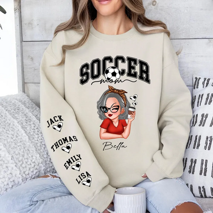 Soccer Mom Kids Name On Sleeve Personalized Sweatshirt, Perfect Gift For Soccer Mom