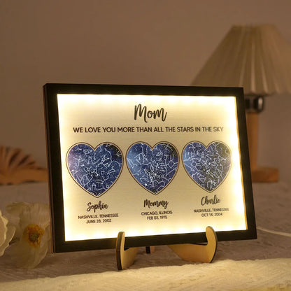 Mom We Love You More than All the Stars in the Ky, Custom Star Map by Location & Date, Personalized 2-Layered Wooden Plaque with LED, Gift for Mom from Daughter, Son, Heartfelt Mother's Day Gift