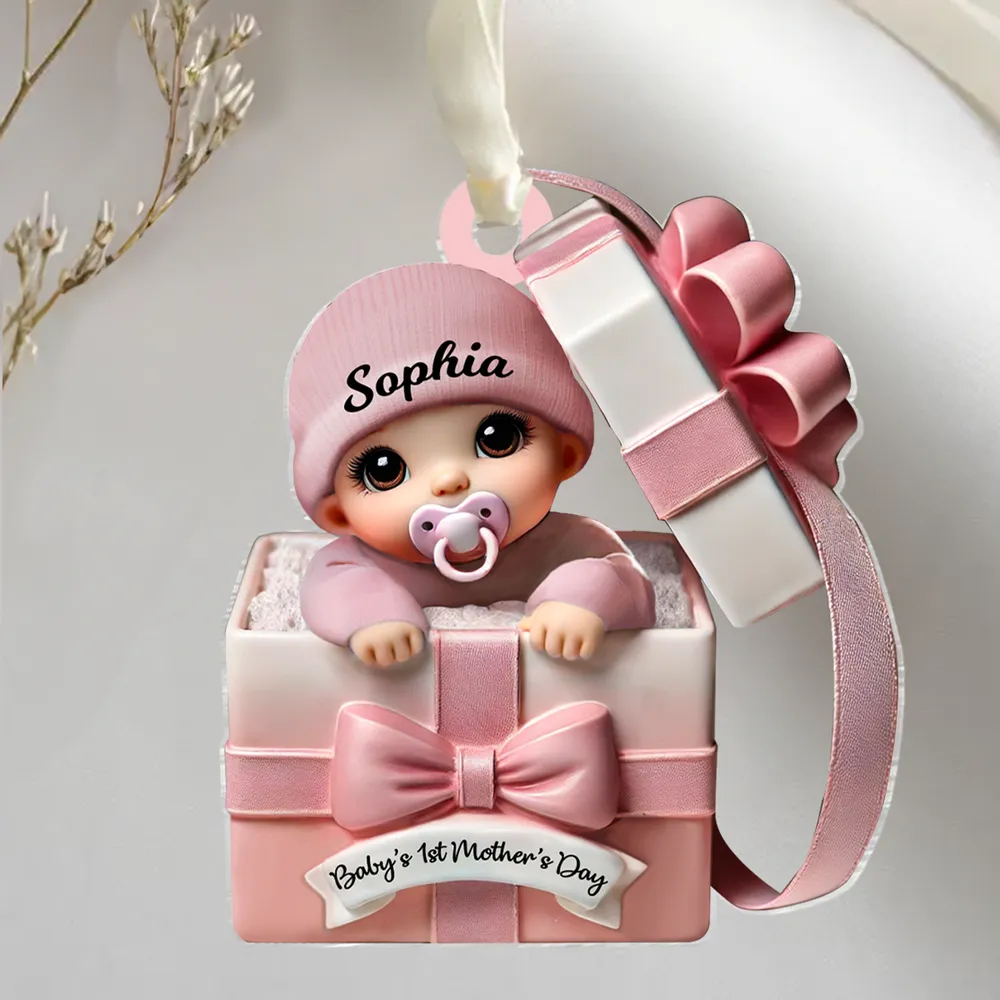 Baby Inside Gift Box 3D Effect Personalized Acrylic Ornament, Lovely Keepsake to Celebrate Baby's First Mother's Day, Gift for new moms