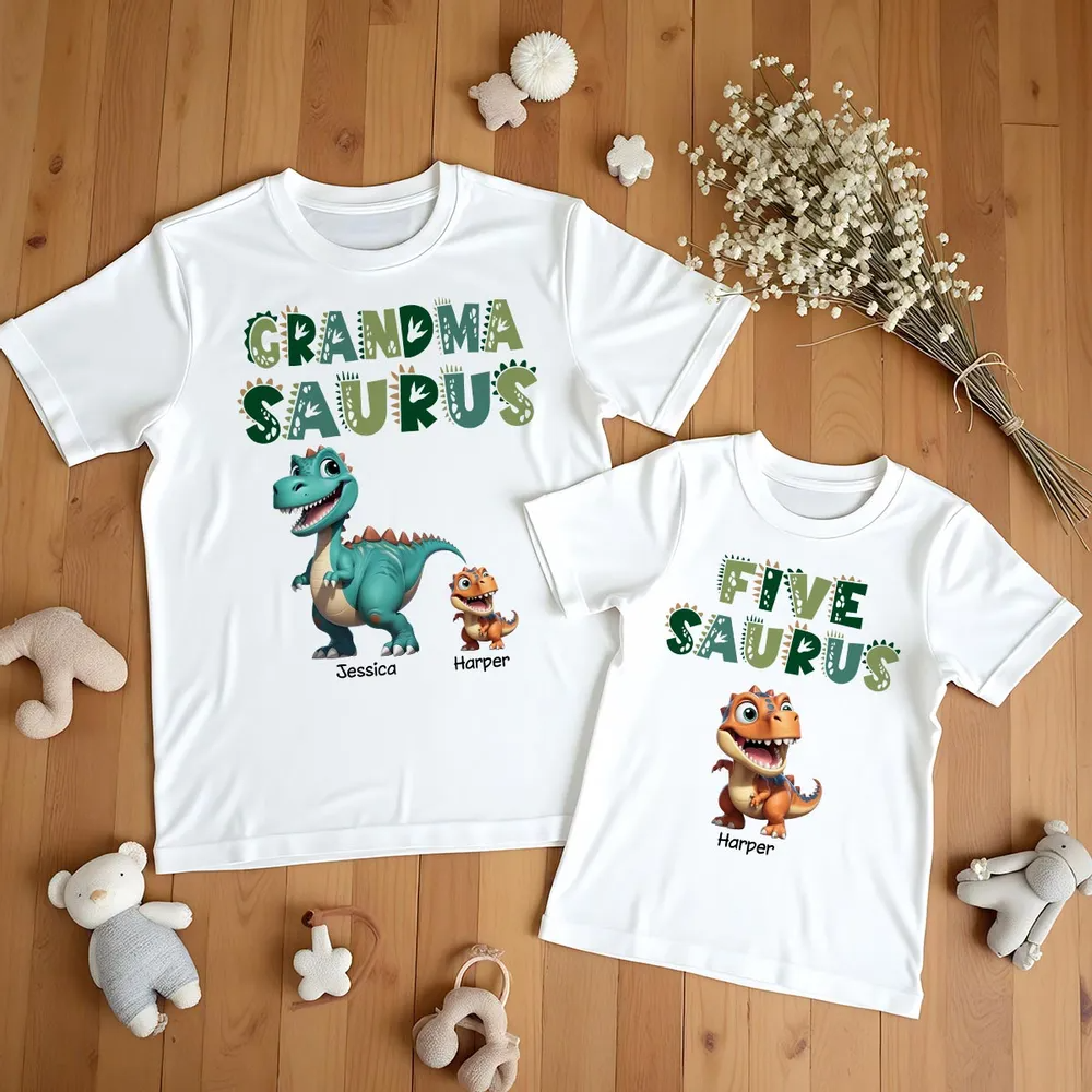 3D Effect Grandmasaurus And Babysaurus Personalized Shirts [Set Of 2 Shirts]
