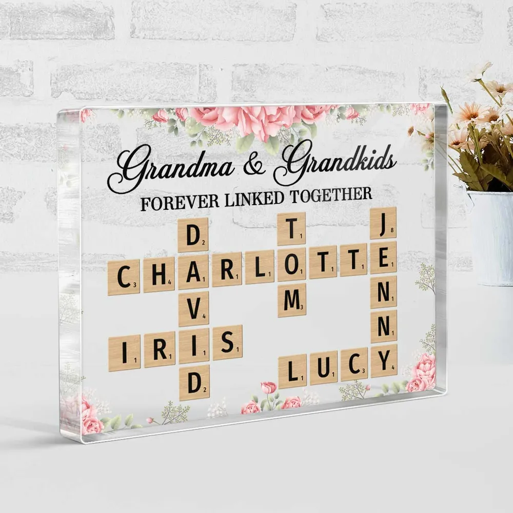 Grandma Grandpa Grandparents & Grandkids Forever Linked Together Crossword Puzzle Personalized Rectangle Acrylic Block