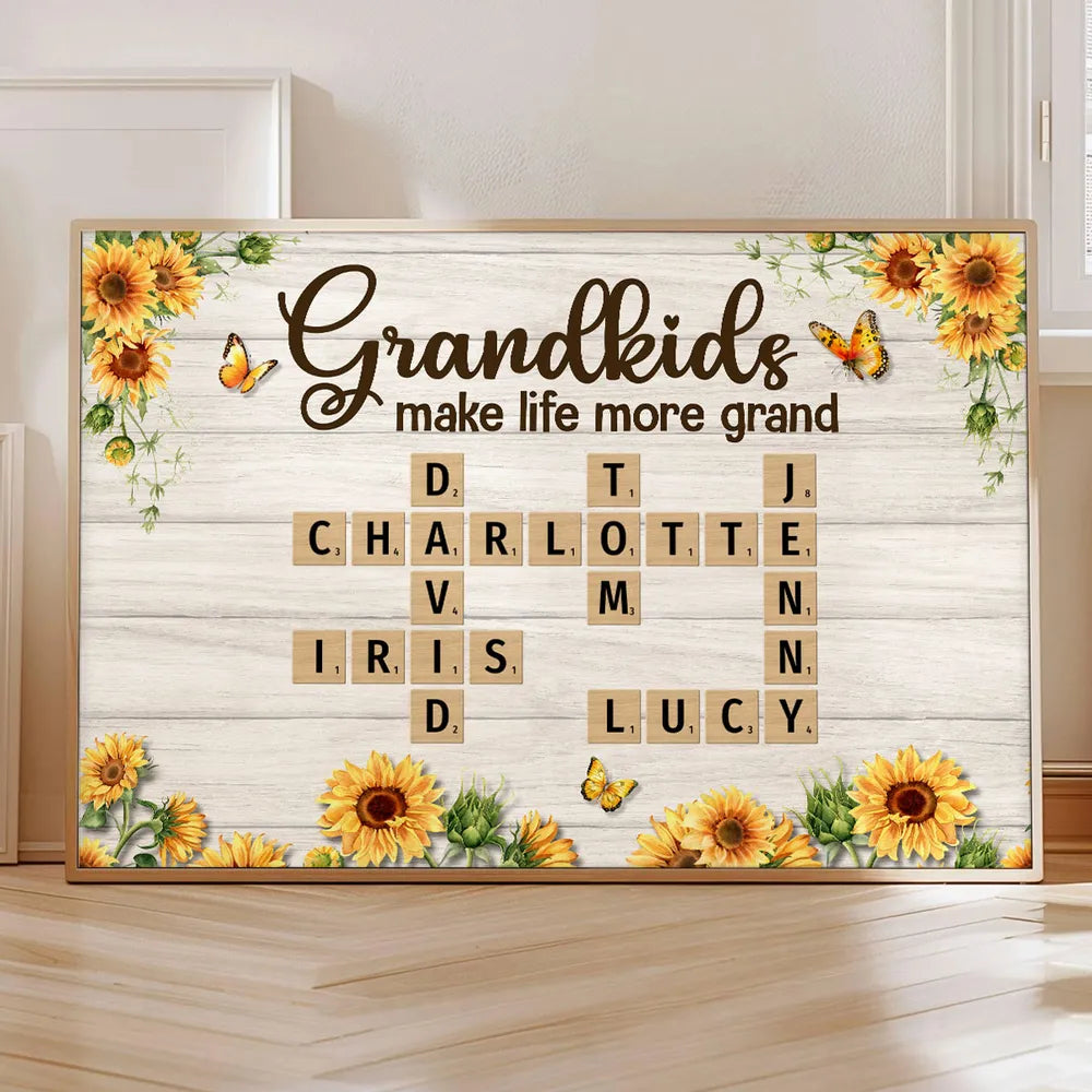 Grandkids Make Life More Grand Crossword Puzzle Sunflower Personalized Poster, Gift For Grandma