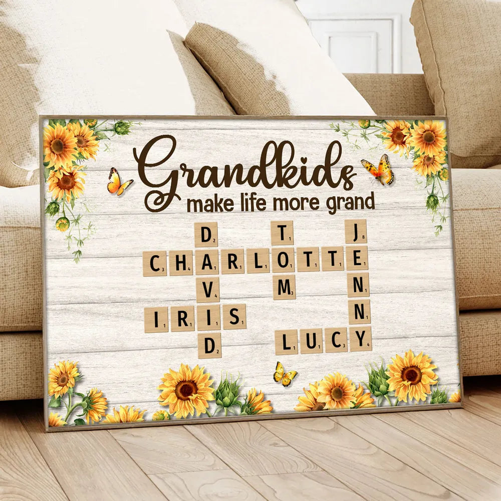 Grandkids Make Life More Grand Crossword Puzzle Sunflower Personalized Poster, Gift For Grandma