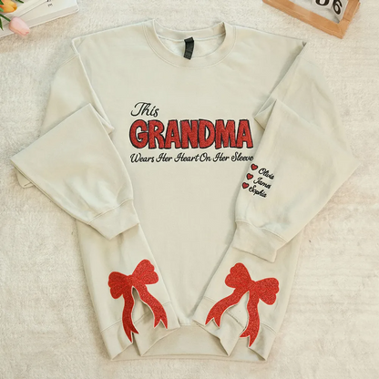 Personalized 'This Grandma Wears Her Heart On Her Sleeve' Sweatshirt with Side Bow, Heartfelt Gift for Mom & Grandma