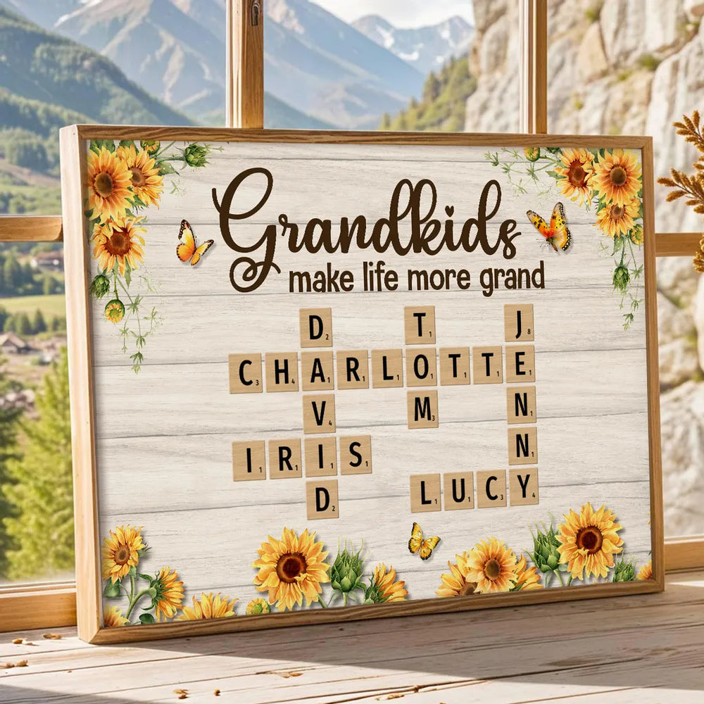 Grandkids Make Life More Grand Crossword Puzzle Sunflower Personalized Poster, Gift For Grandma