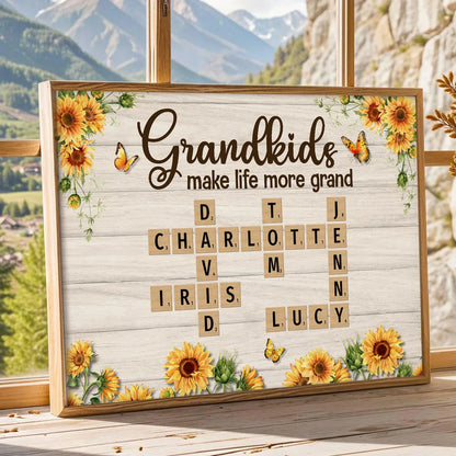 Grandkids Make Life More Grand Crossword Puzzle Sunflower Personalized Poster, Gift For Grandma