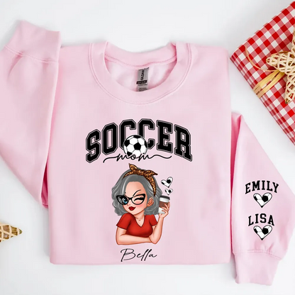 Soccer Mom Kids Name On Sleeve Personalized Sweatshirt, Perfect Gift For Soccer Mom