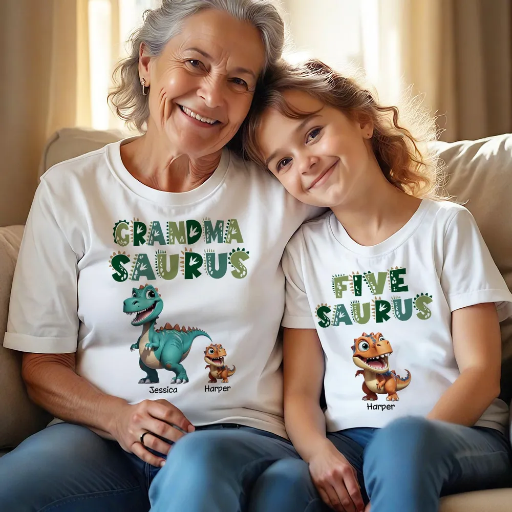 3D Effect Grandmasaurus And Babysaurus Personalized Shirts [Set Of 2 Shirts]