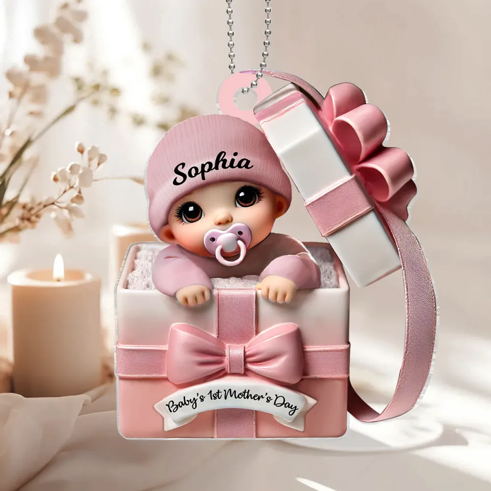 Baby Inside Gift Box 3D Effect Personalized Acrylic Ornament, Lovely Keepsake to Celebrate Baby's First Mother's Day, Gift for new moms