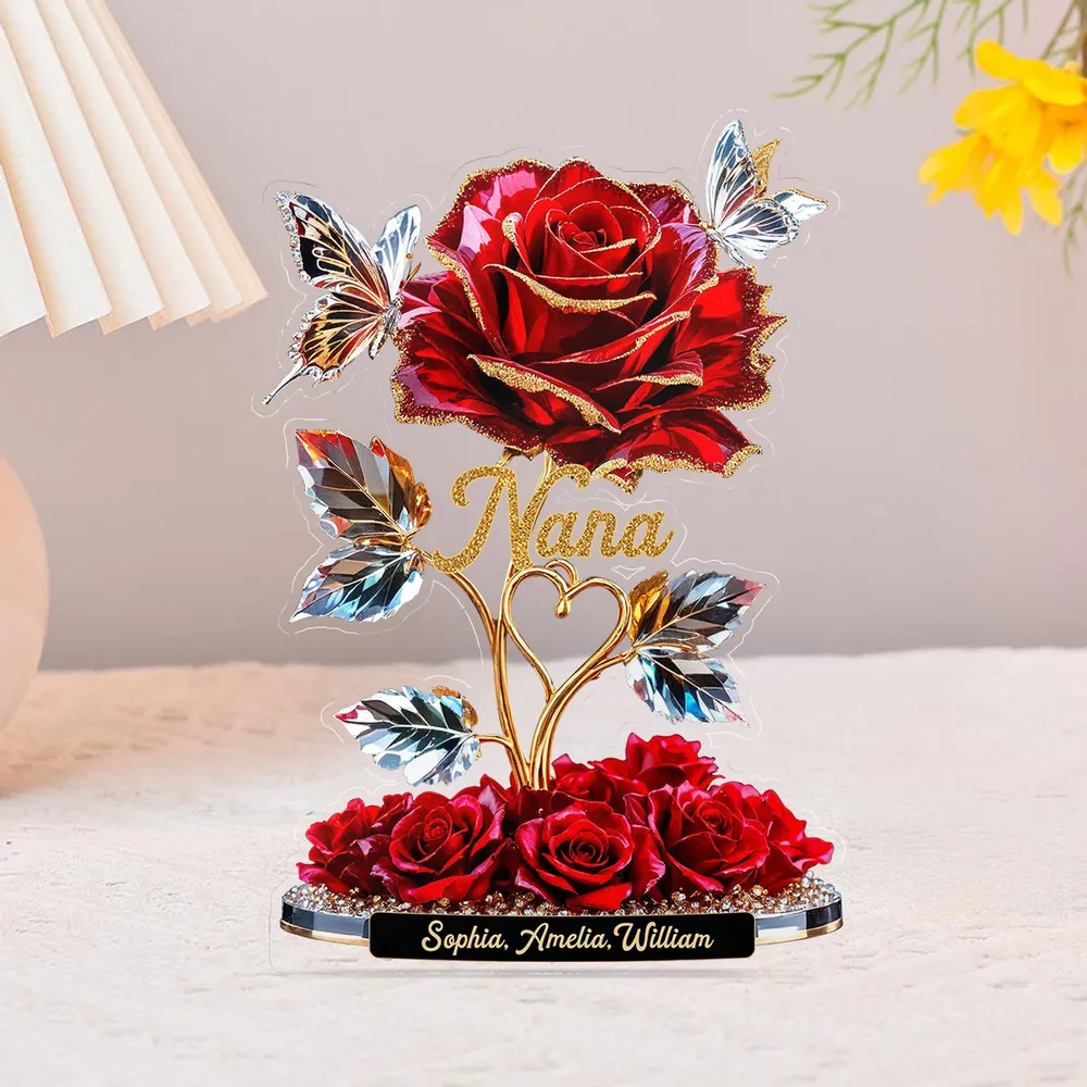 Beautiful Rose For Grandma Mom With Kids Names - 3D Effect Personalized Flat Acrylic Block Plaque