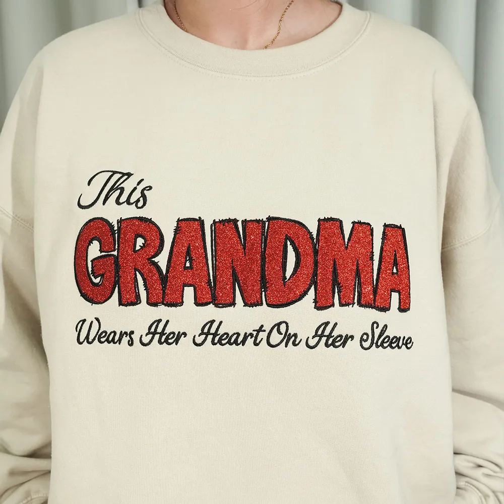 Personalized 'This Grandma Wears Her Heart On Her Sleeve' Sweatshirt with Side Bow, Heartfelt Gift for Mom & Grandma