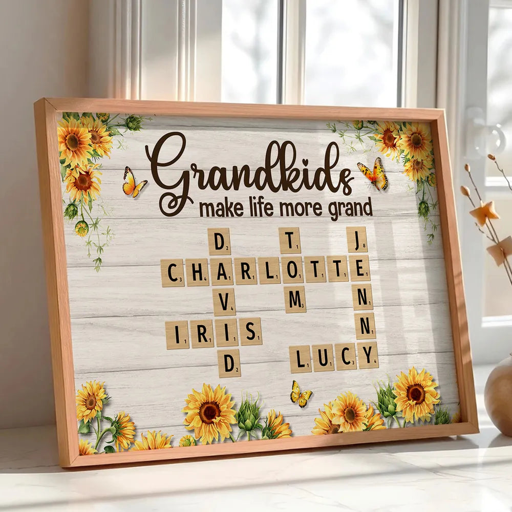 Grandkids Make Life More Grand Crossword Puzzle Sunflower Personalized Poster, Gift For Grandma