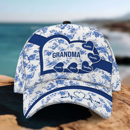 Grandma Mom Blue Heart Floral Chinoiserie Patterned Personalized Cap, Mother's Day gift for Mom, Grandma