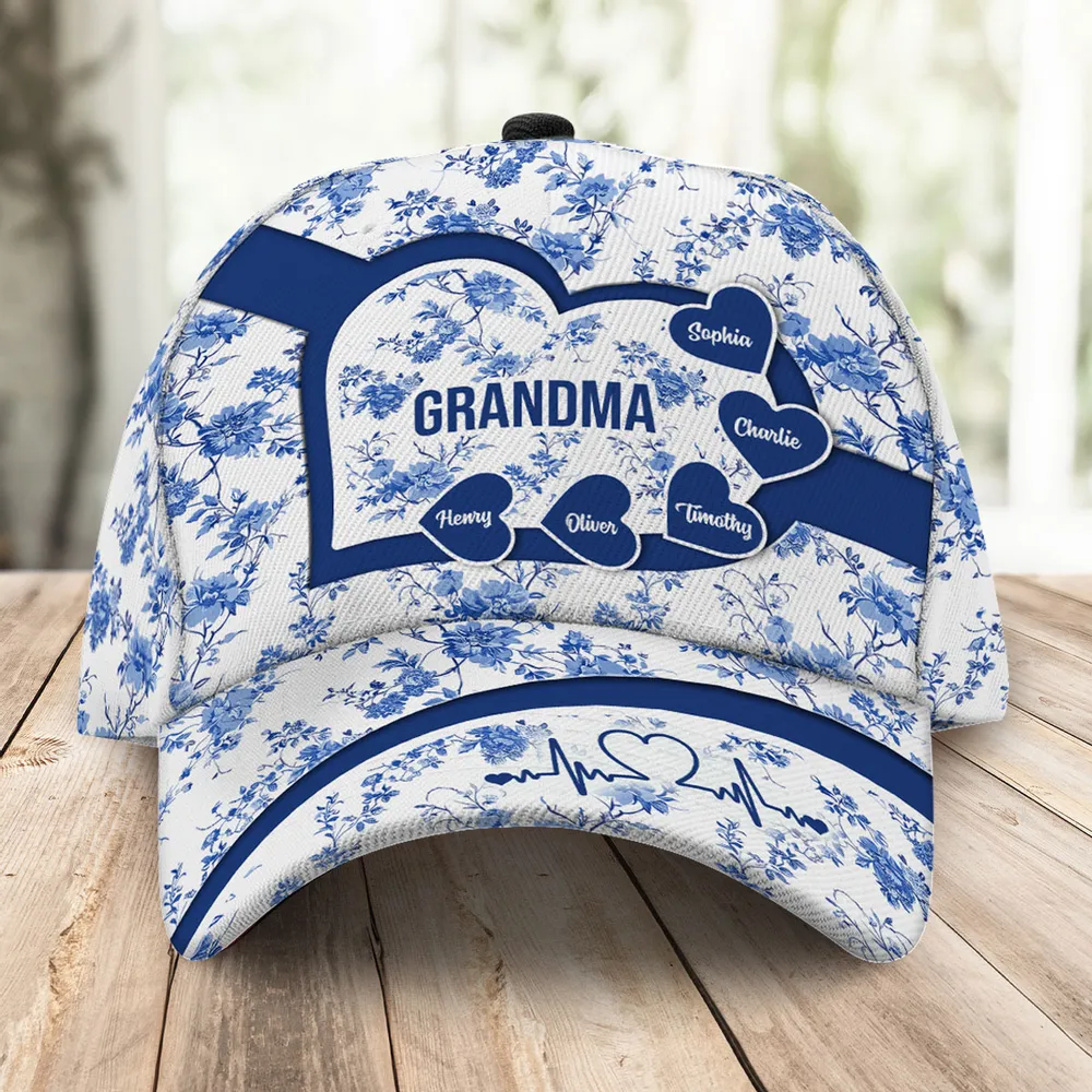 Grandma Mom Blue Heart Floral Chinoiserie Patterned Personalized Cap, Mother's Day gift for Mom, Grandma