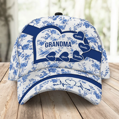 Grandma Mom Blue Heart Floral Chinoiserie Patterned Personalized Cap, Mother's Day gift for Mom, Grandma