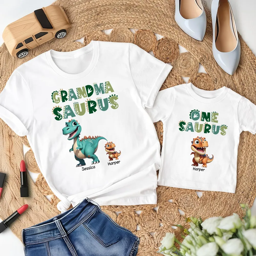 3D Effect Grandmasaurus And Babysaurus Personalized Shirts [Set Of 2 Shirts]
