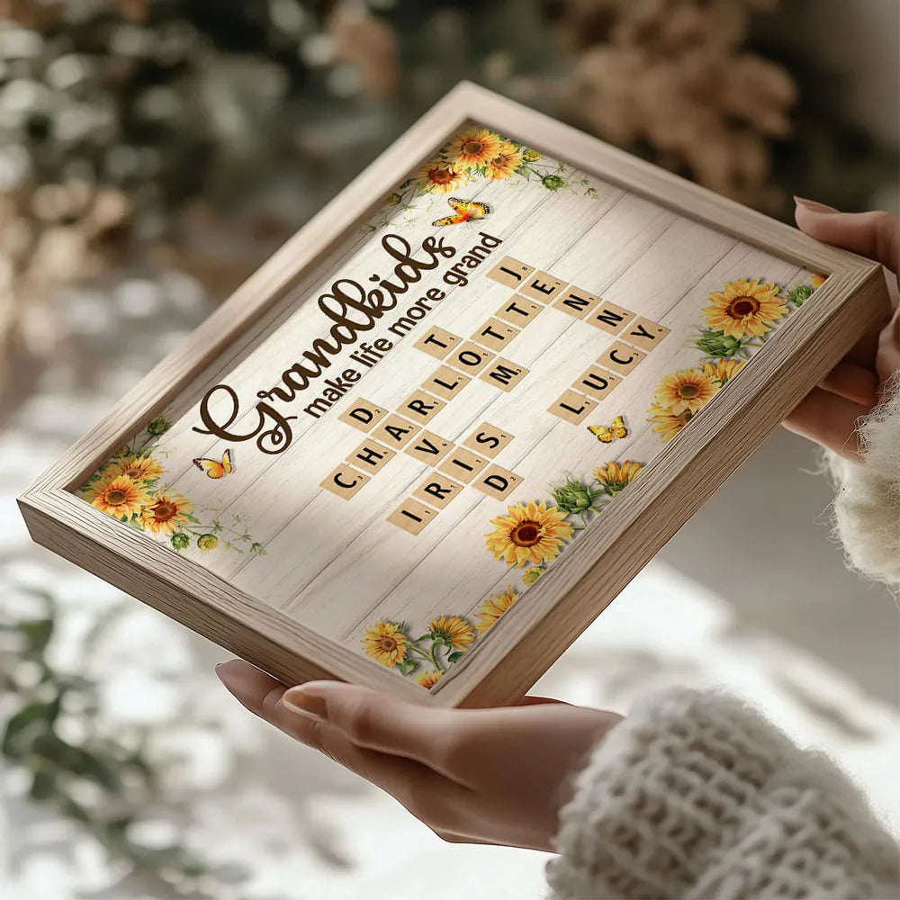 Grandkids Make Life More Grand Crossword Puzzle Sunflower Personalized Poster, Gift For Grandma