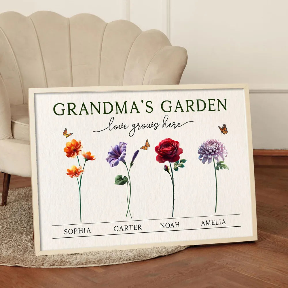 Grandma's Garden 3D Effect Birth Month Flower Personalized Poster, Mother's Day Gift For Grandma